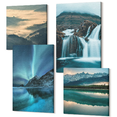 Sada obrazů kvadryptych Zimní krajina s vodopády a polární záři
