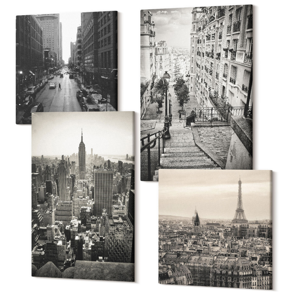 Sada 4 obrazů Výhled na město Paříž New York a okouzlující schody