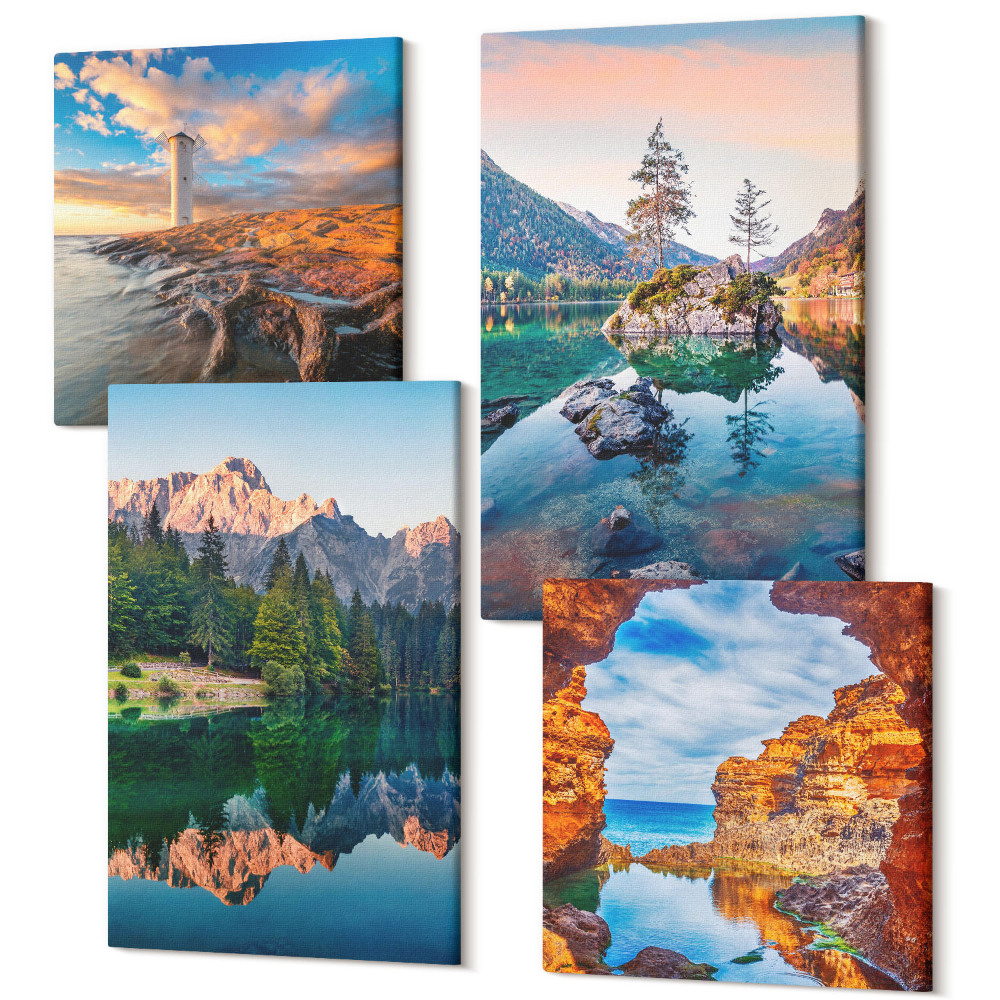 Sada obrazů na zeď kvadryptych Horská jezera s odrazy ve vodě a skalách