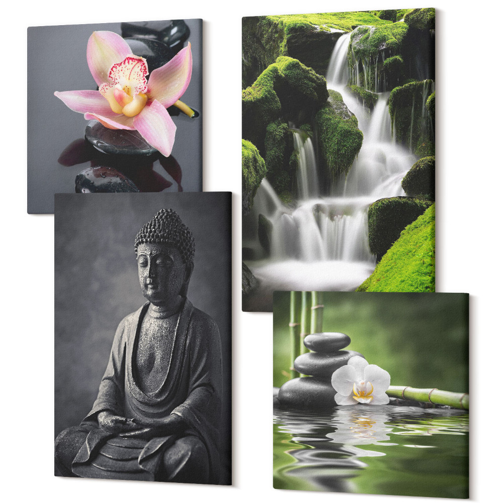 Sada obrazů na zeď kvadryptych Relaxační ZEN obrazy s vodou, kameny a Buddhou