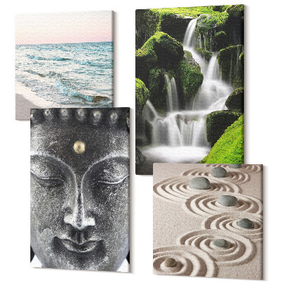 Sada 4 obrazů Klid přírody s kameny, vodopádem a Buddhou
