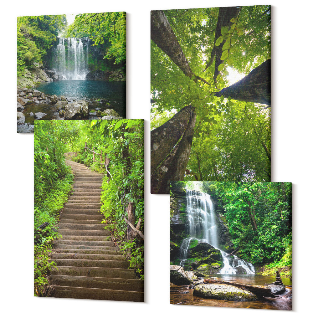 Sada 4 obrazů Lesní cesta s vodopádem a zelenou vegetací