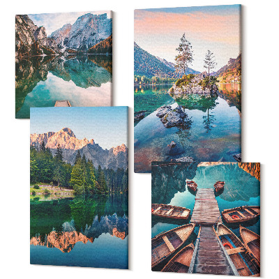 Sada obrazů na zeď kvadryptych Horská jezera s odrazy ve vodě a lese