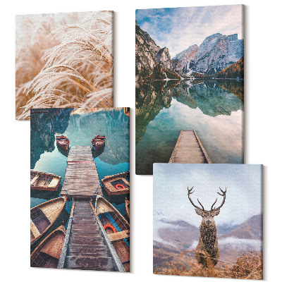 Sada obrazů kvadryptych Jezero s loděmi, jeleny a horskou krajinou