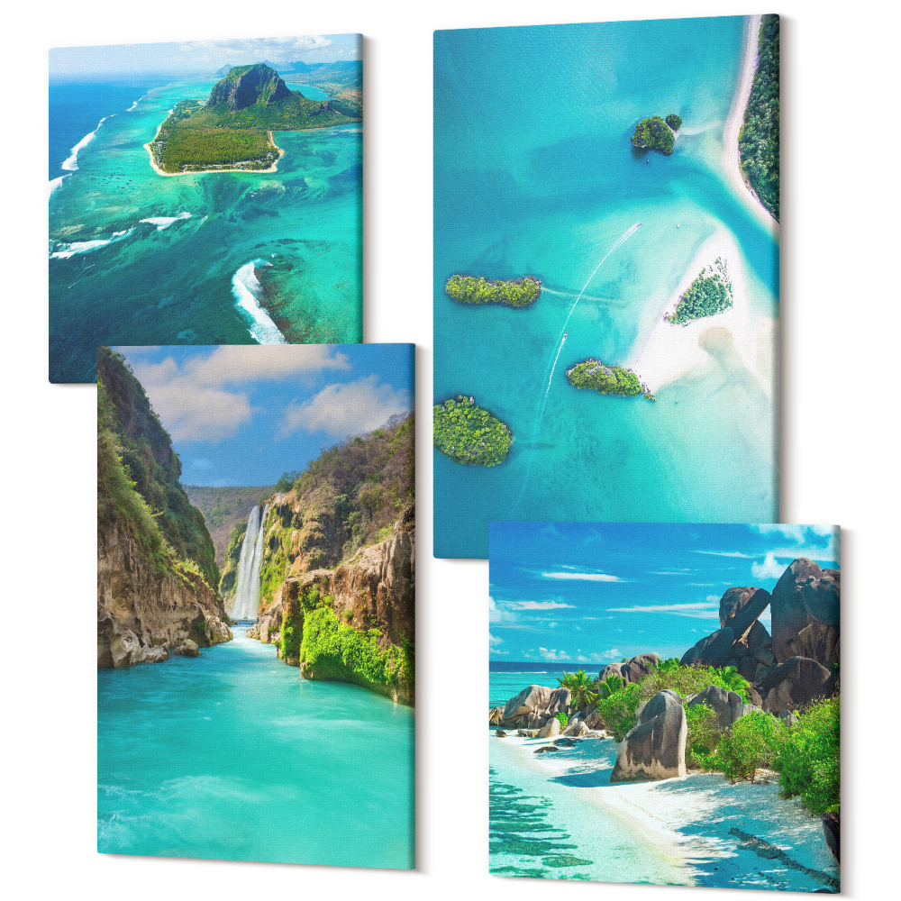 Sada 4 obrazů Tropické krajiny s ostrovy a tyrkysovou vodou