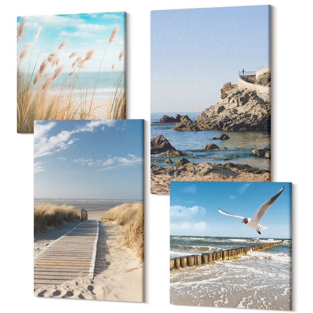 Sada obrazů na zeď kvadryptych Pláž s dřevěnou cestou, mořem a přímořskými útesy
