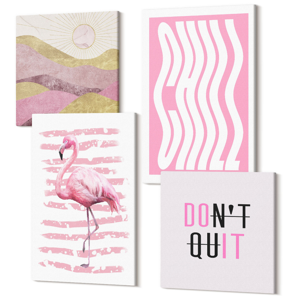 Sada obrazů na zeď kvadryptych Růžové plameňáky pastelové horské krajiny nápisy