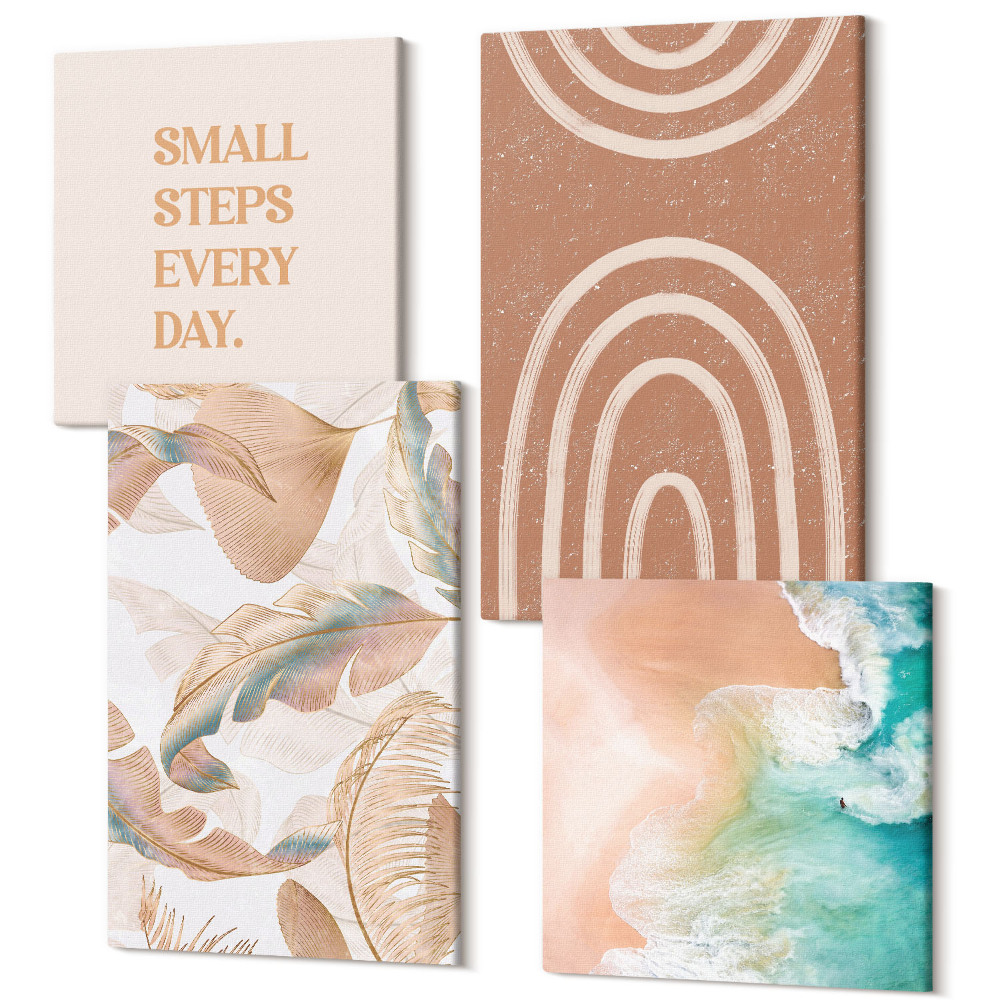 Sada obrazů kvadryptych Jemné boho motivy s abstraktními listy a nápisy