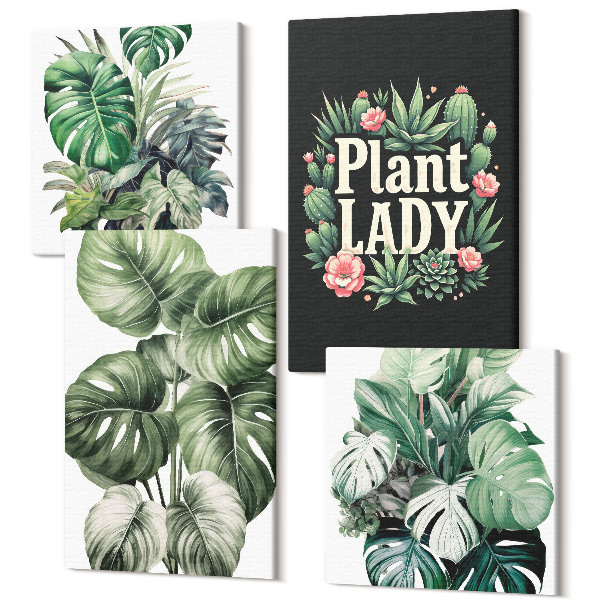 Sada obrazů na zeď kvadryptych Tropické rostliny s nápisem Plant Lady v zelené barvě