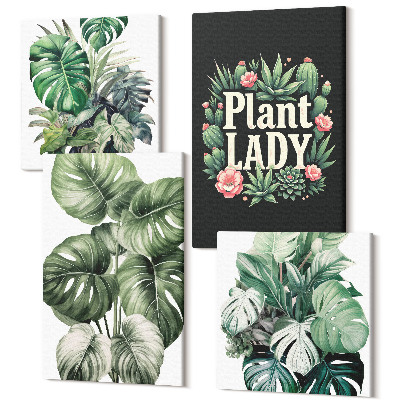 Sada obrazů na zeď kvadryptych Tropické rostliny s nápisem Plant Lady v zelené barvě