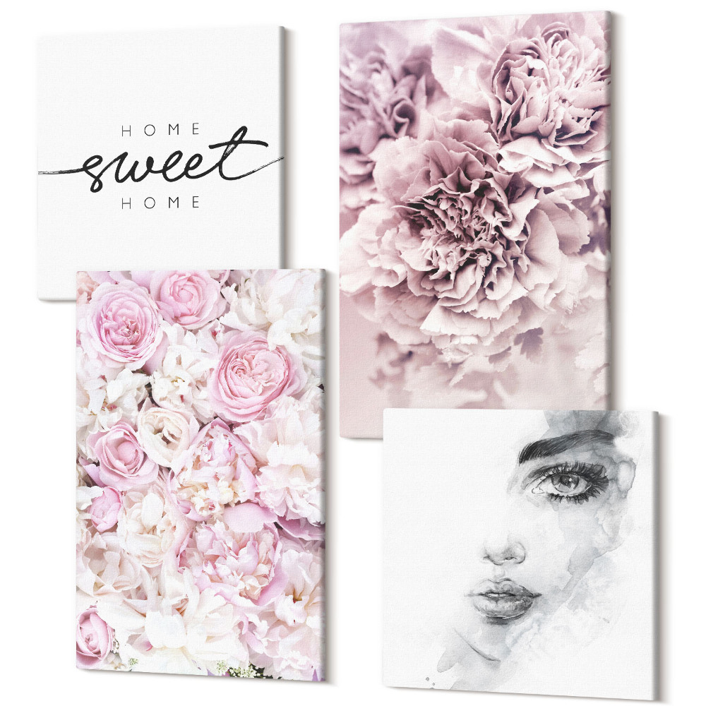 Sada 4 obrazů Jemné pivoňky portrét ženy nápis pro domov