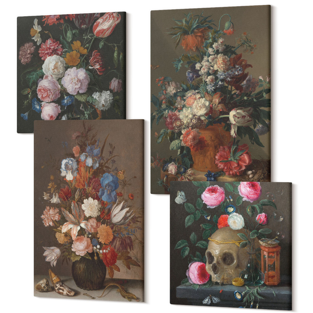 Sada obrazů na zeď kvadryptych Květiny ve vázách, různé vintage rostlinné kompozice