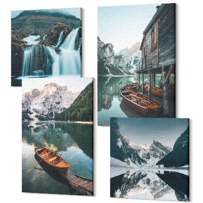 Sada obrazů kvadryptych Horská jezera s loděmi a odrazy ve vodě