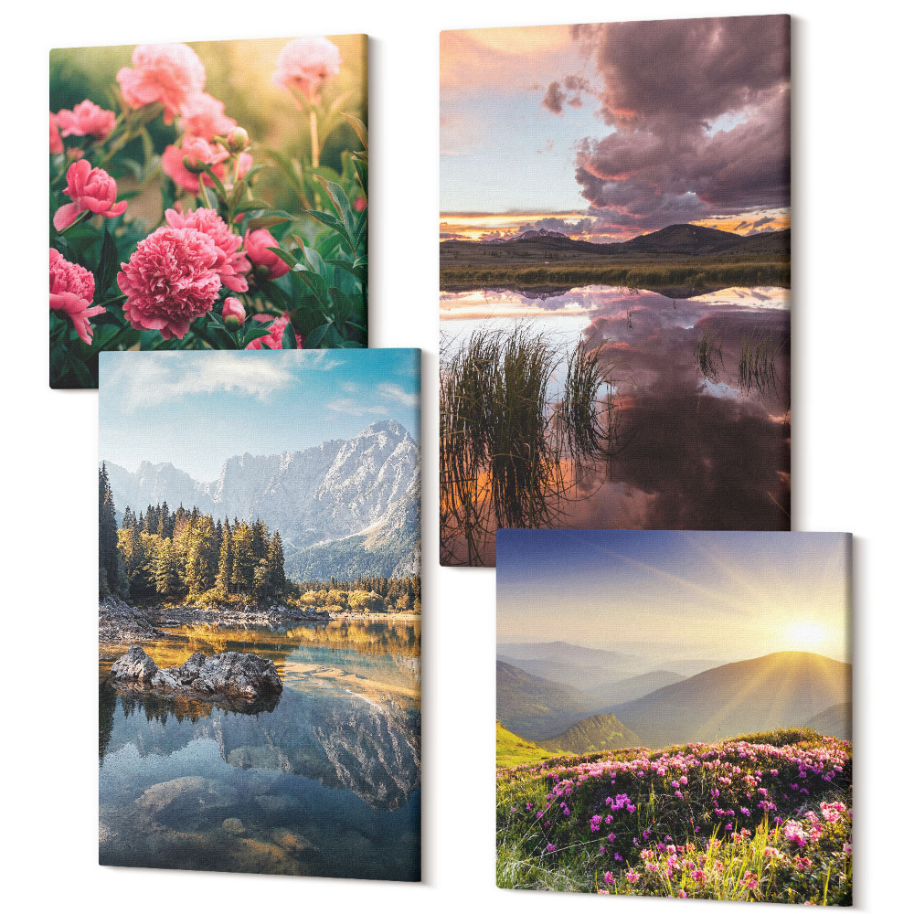 Sada obrazů na zeď kvadryptych Květiny v zahradě, horské louce, lese a vodní hladině