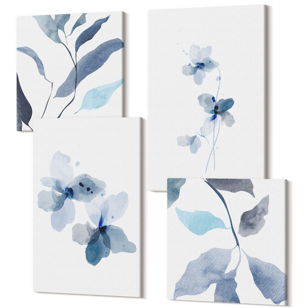 Sada obrazů na zeď kvadryptych Minimalistické akvarelové květiny v odstínech modré