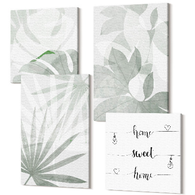 Sada 4 obrazů Listy rostlin v odstínech zelené a šedý nápis