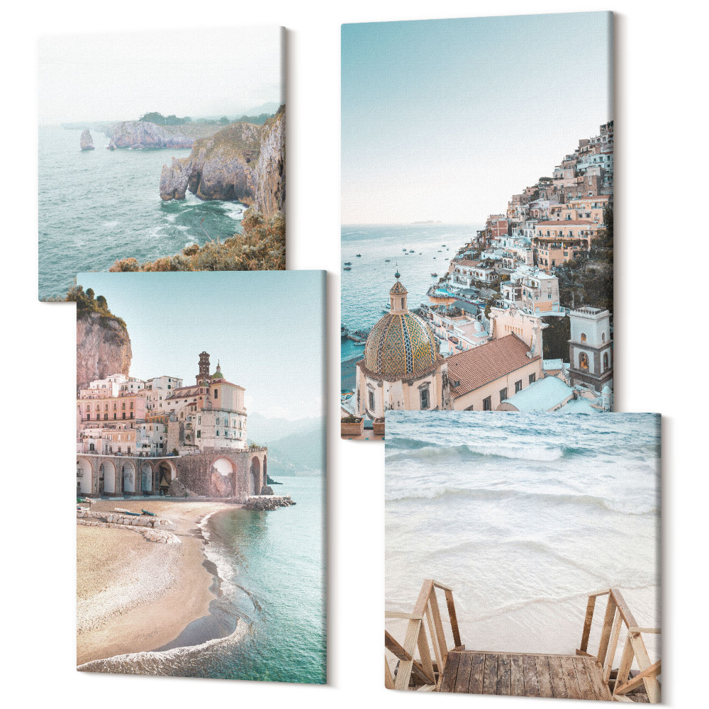 Sada 4 obrazů Letní pastelové výhledy s přímořskou architekturou a pláží