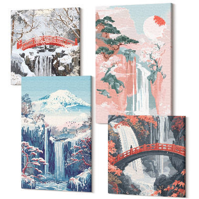 Sada obrazů kvadryptych Vodopády hory s mostem a kvetoucí stromy