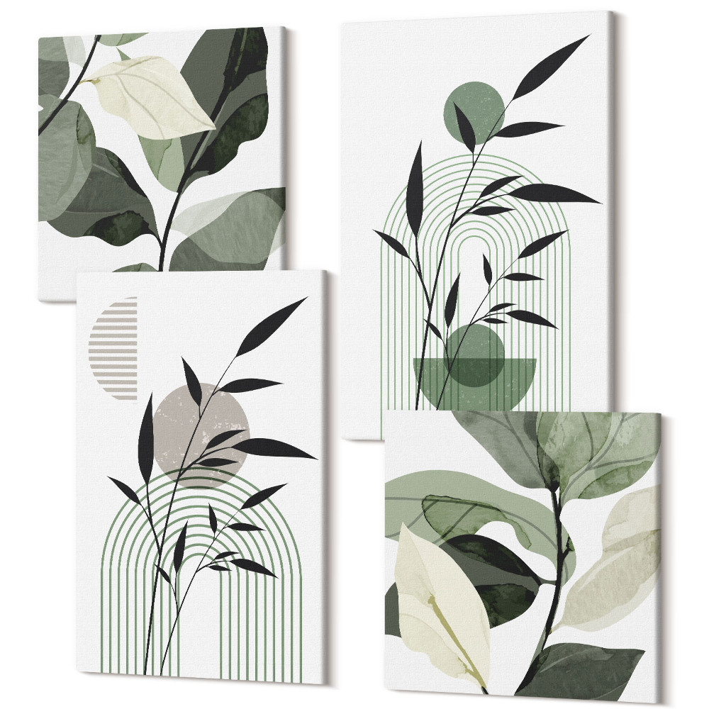 Sada obrazů kvadryptych Abstraktní rostlinné kompozice, boho styl