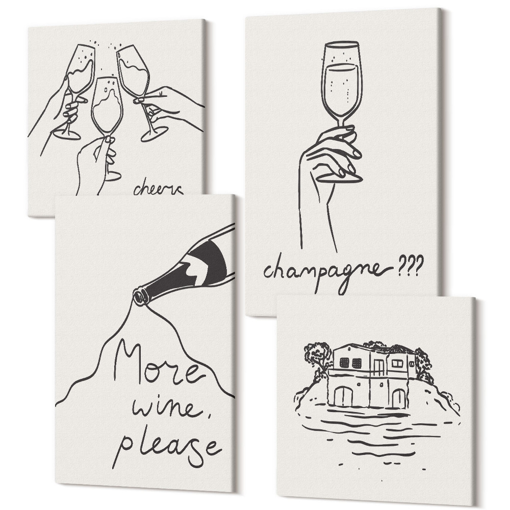 Sada obrazů na zeď kvadryptych Radostné chvíle s vínem a šampaňským line-art