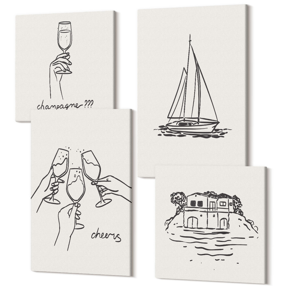 Sada 4 obrazů Výhledy na dům u vody, toast se skleničkami, plachetnice