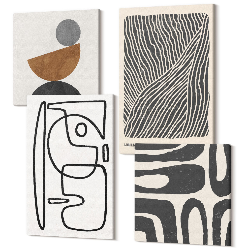 Sada obrazů kvadryptych Abstraktní vzory s čarami a texturami na světlém pozadí