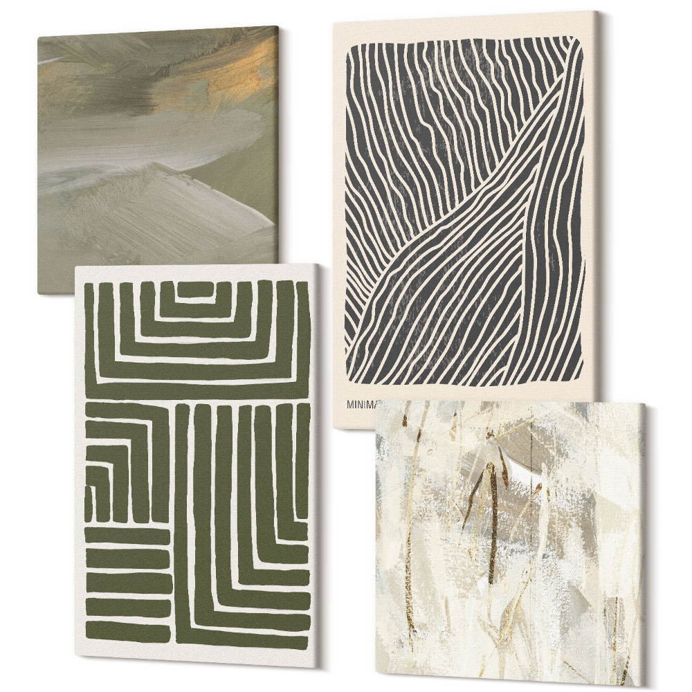 Sada obrazů na zeď kvadryptych Vzory čar a tvarů v odstínech zelené
