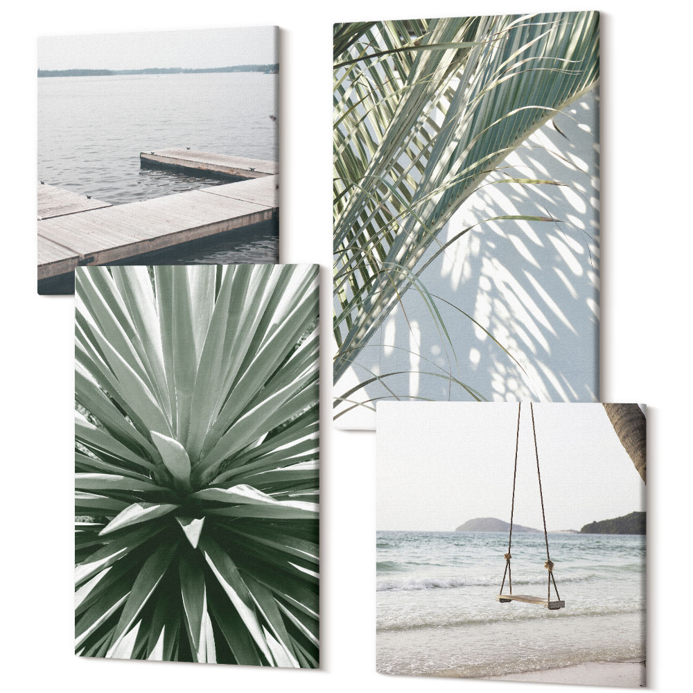 Sada 4 obrazů Palmové listy rostlina houpačka a dřevěný most