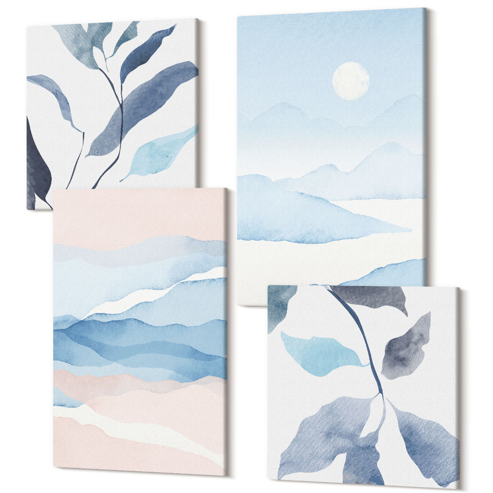 Sada obrazů na zeď kvadryptych Jemné horské krajiny v akvarelových rostlinách