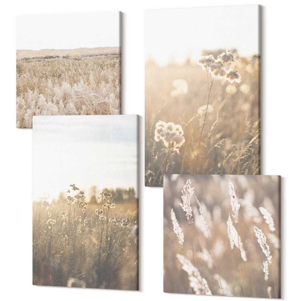 Sada obrazů na zeď kvadryptych Krajina s trávami a květinami v teplých odstínech