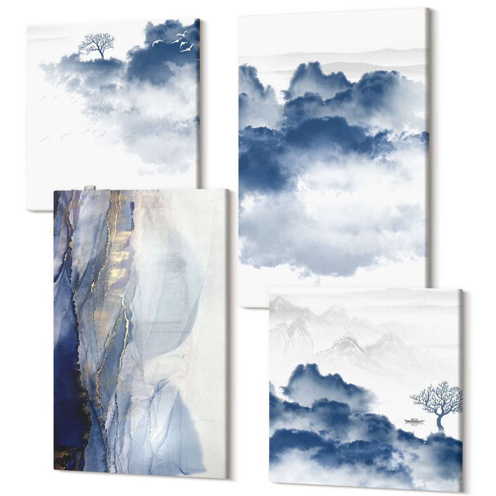 Sada obrazů na zeď kvadryptych Oblačné hory se stromy a ptáky v pozadí