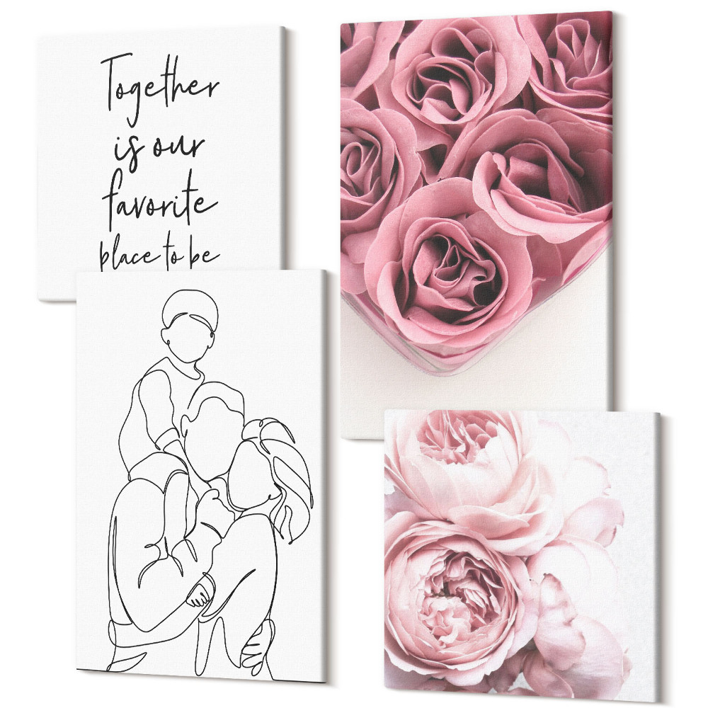 Sada obrazů kvadryptych Rodinné linie umění růže kytice domů nápis