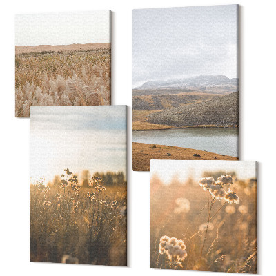 Sada obrazů kvadryptych Krajina s loukami, horami a jezerem v pozadí