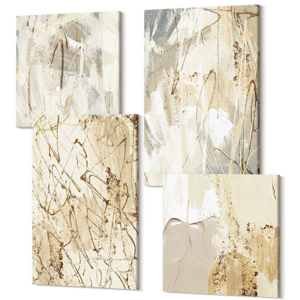 Sada obrazů na zeď kvadryptych Béžové abstraktní malované tvary a čáry