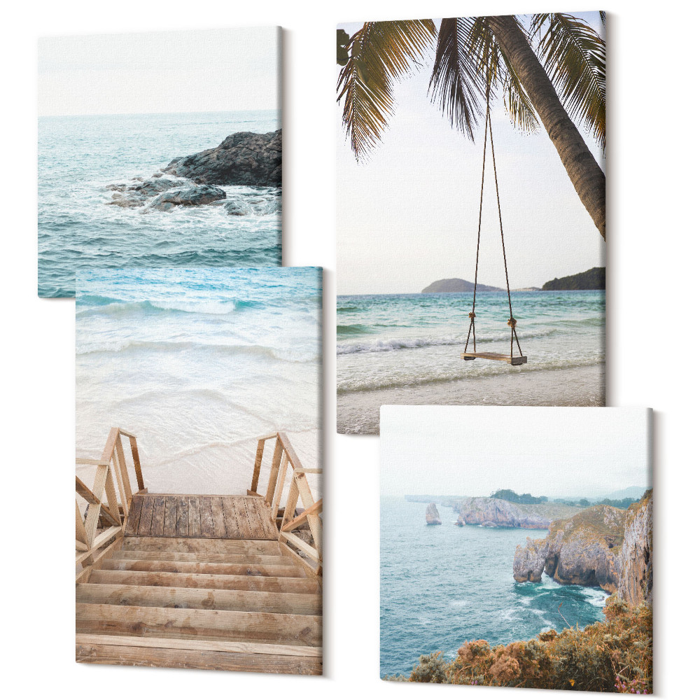 Sada obrazů na zeď kvadryptych Schody na pláž, výhled na moře a palmová houpačka
