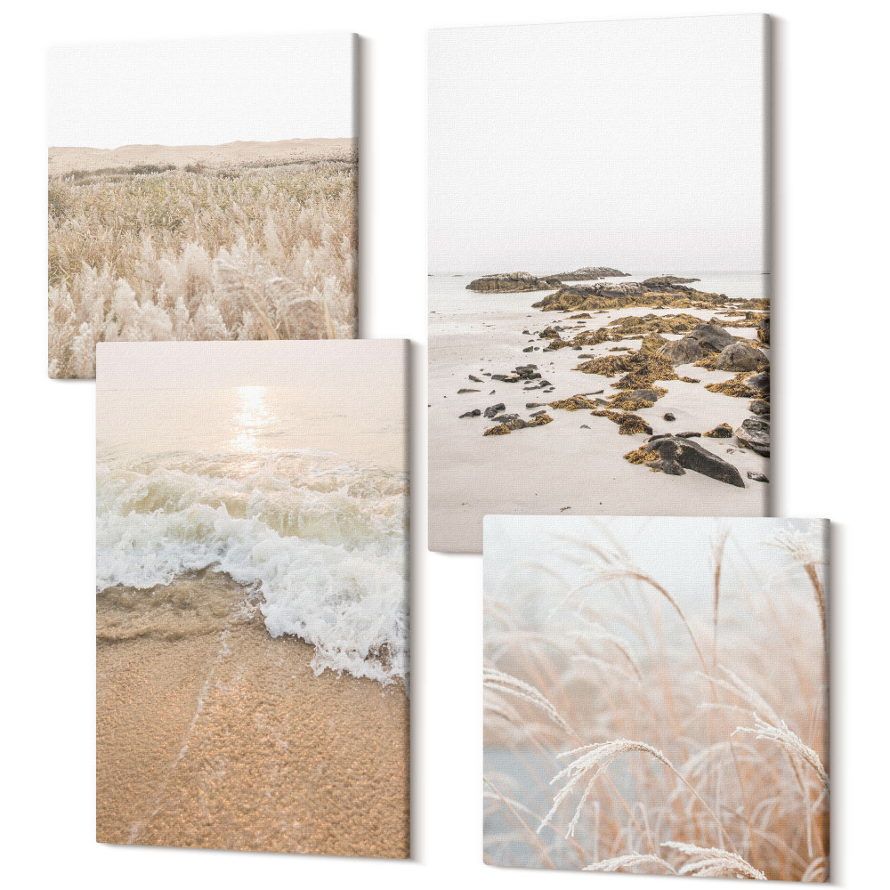 Sada 4 obrazů Pláž s vlnami a mořskými kameny v létě
