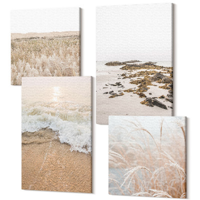 Sada 4 obrazů Pláž s vlnami a mořskými kameny v létě