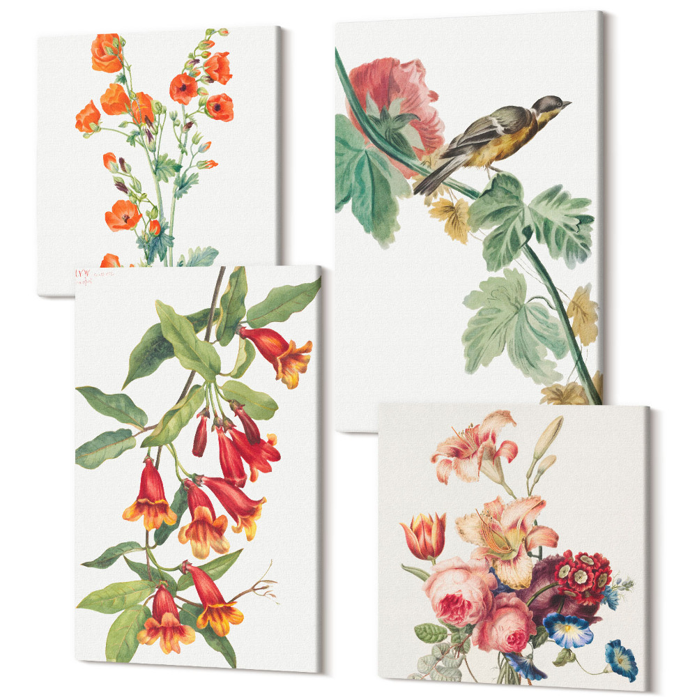 Sada obrazů kvadryptych Malované retro květiny a pták na větvi