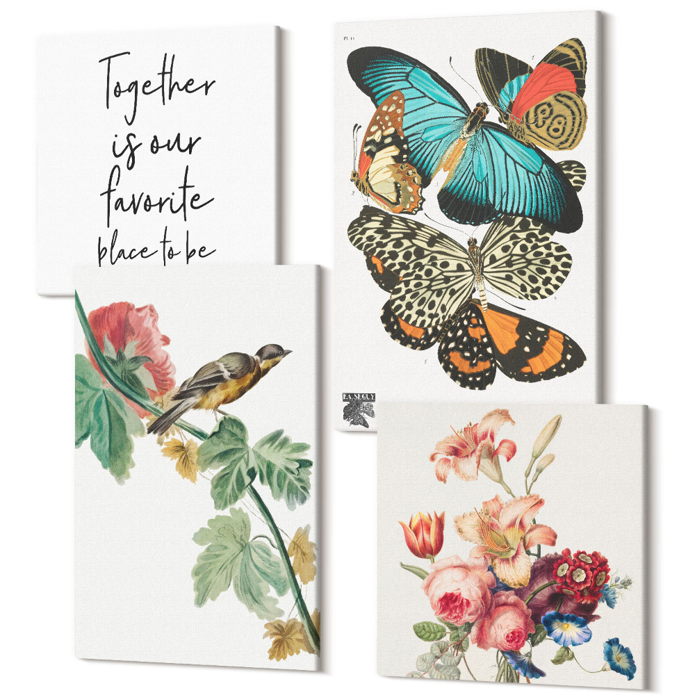 Sada obrazů kvadryptych Květiny, motýli a pták v pastelových odstínech