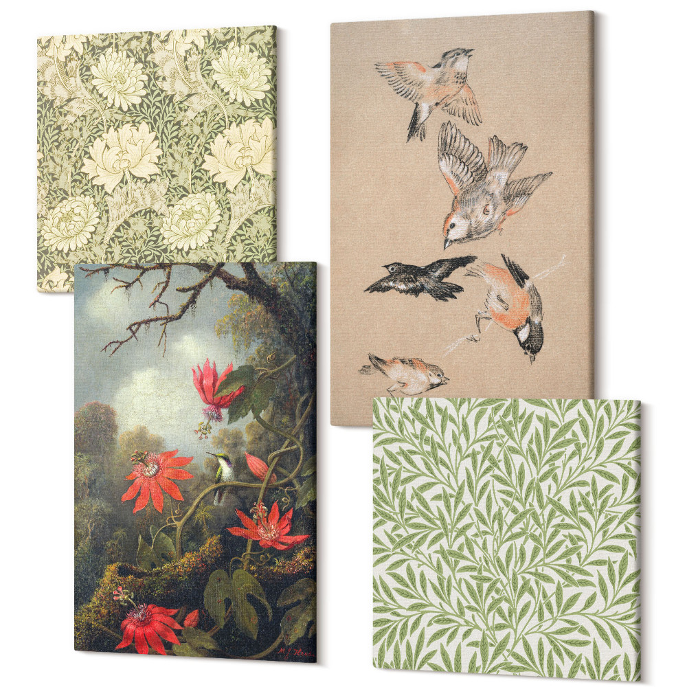 Sada obrazů na zeď kvadryptych Květiny a ptáci v přírodním prostředí