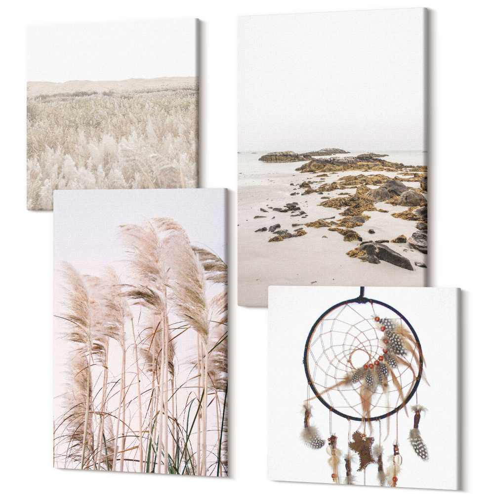 Sada 4 obrazů Pampas grass field beach lapač snů boho styl
