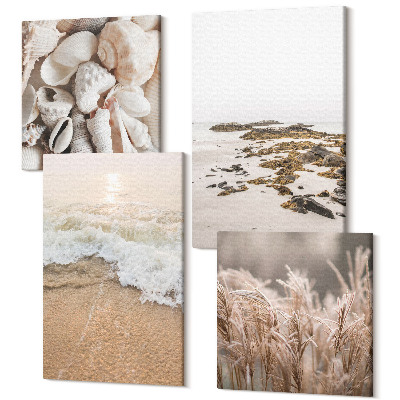 Sada obrazů kvadryptych Plážové travnaté vlny a přímořské kameny boho