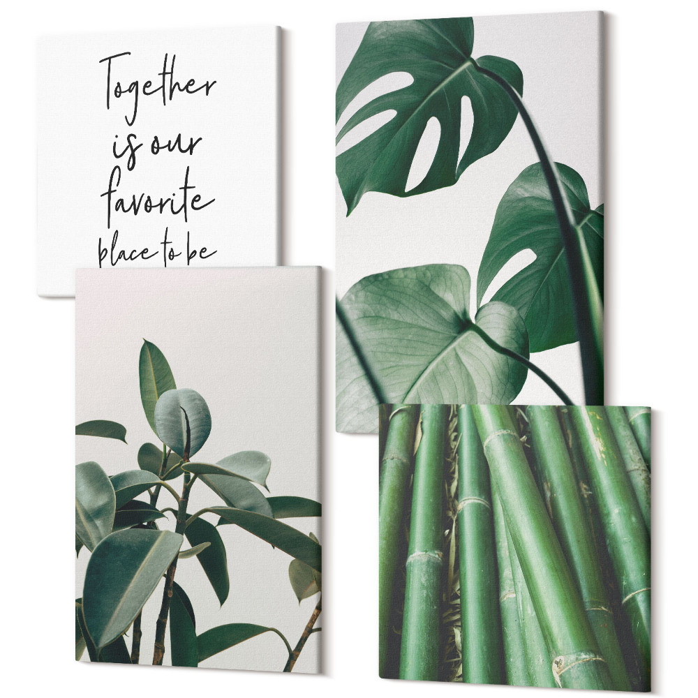 Sada obrazů na zeď kvadryptych Bambusové stonky, nápis rostlin a listy monstery