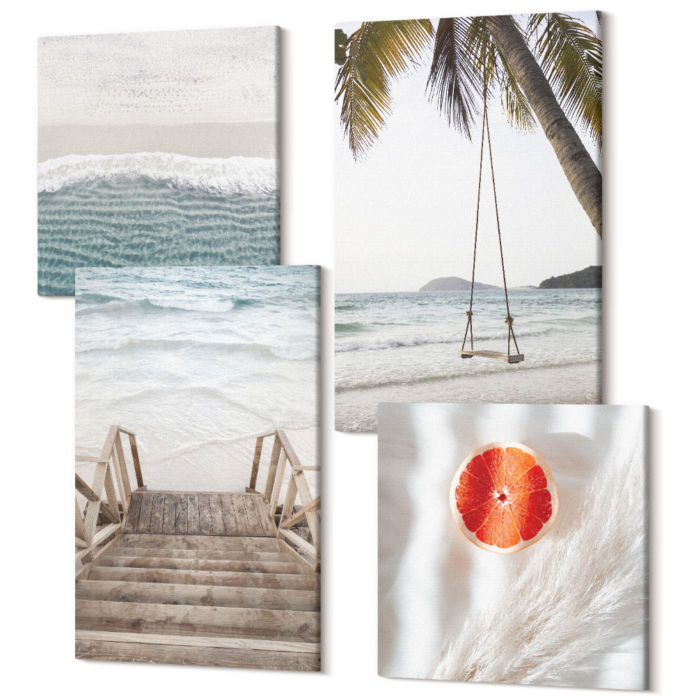 Sada obrazů kvadryptych Pláž s dřevěnými schody, prázdninová atmosféra