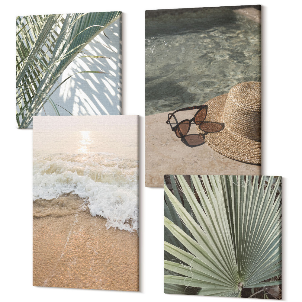 Sada 4 obrazů Vodní plážový klobouk a sluneční brýle listy