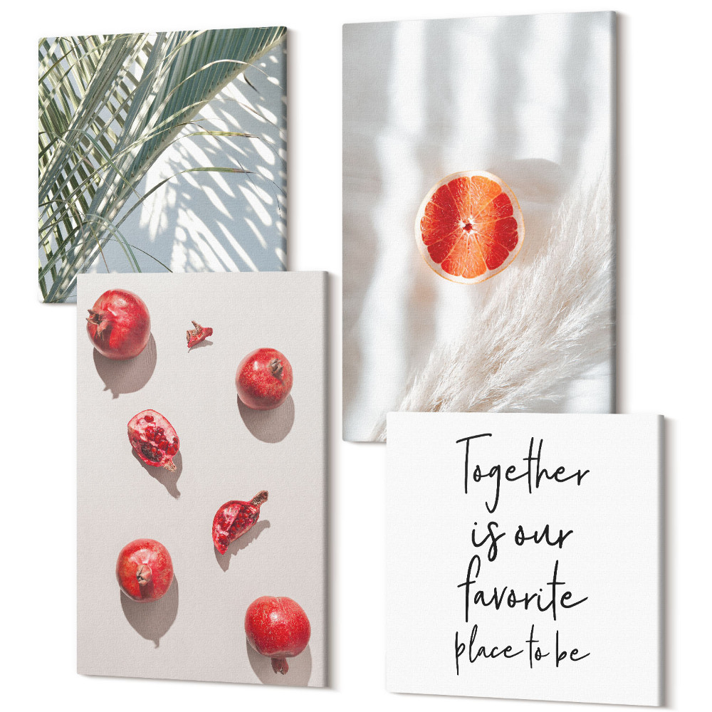 Sada obrazů na zeď kvadryptych Dovolená tropické ovoce palmové listy nápisy