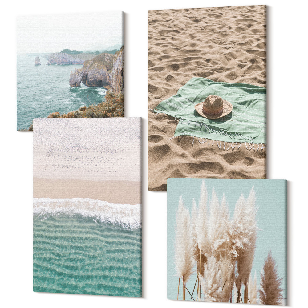 Sada obrazů na zeď kvadryptych plážové vlny trávě čepice písek relaxace nature