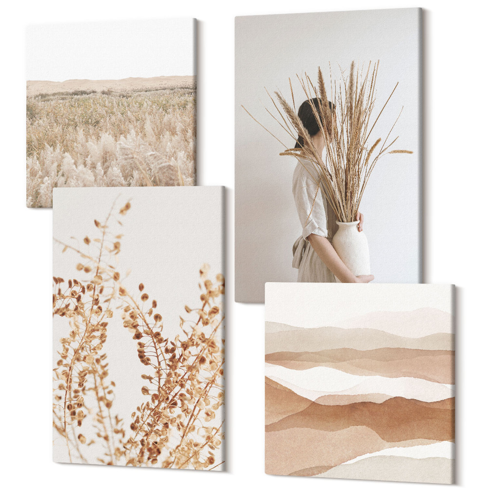 Sada 4 obrazů Rostlinné motivy abstraktní rustikální boho styl