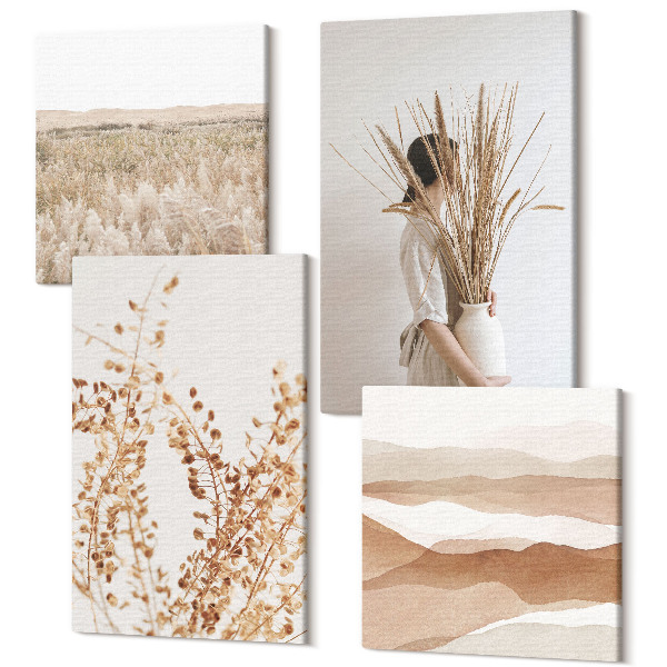 Sada 4 obrazů Rostlinné motivy abstraktní rustikální boho styl