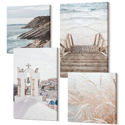 Sada 4 obrazů Pohledy na moře a architekturu Santorini proti obloze